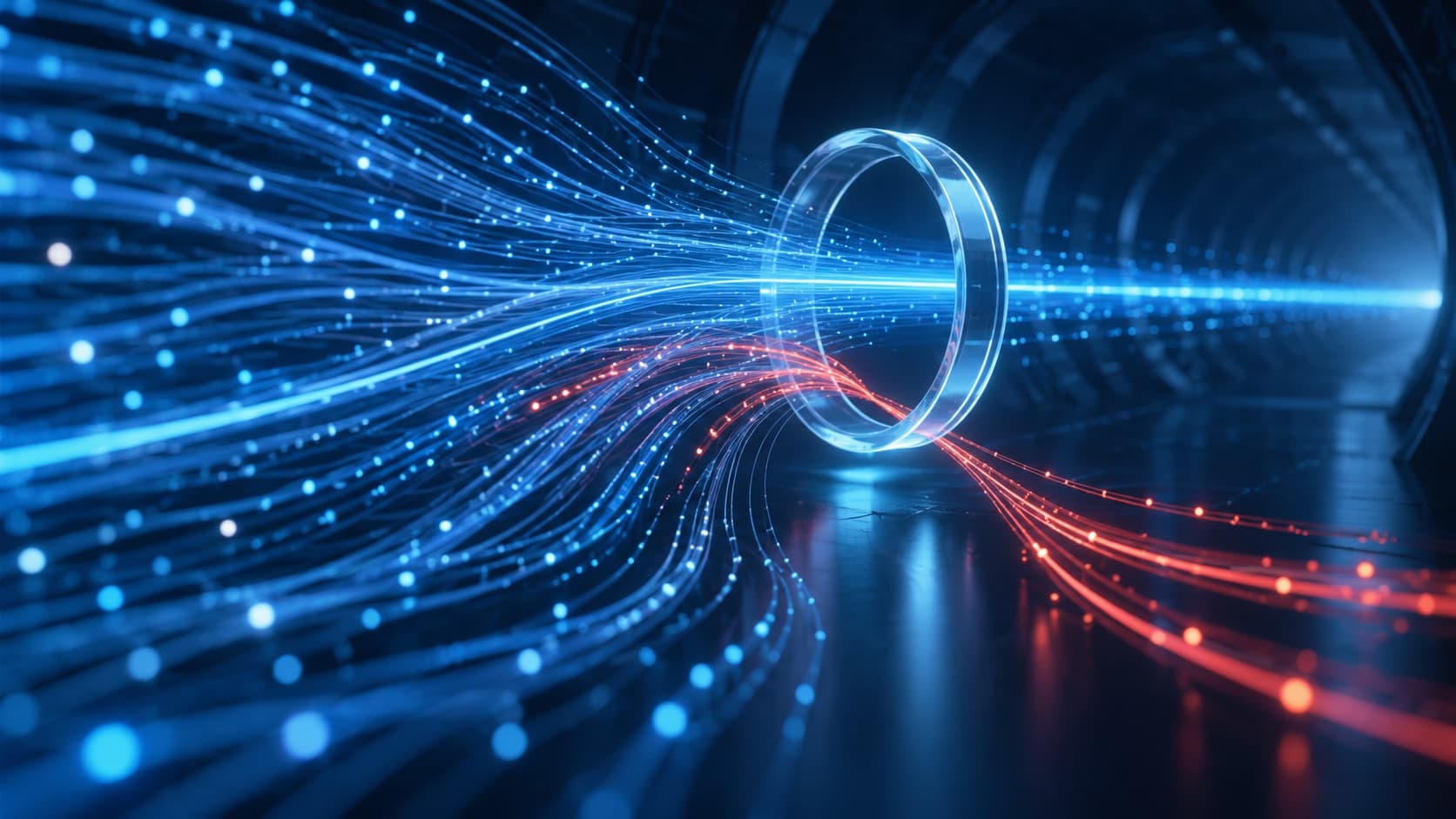 Blue light trails passing through a transparent ring while red trails are diverted